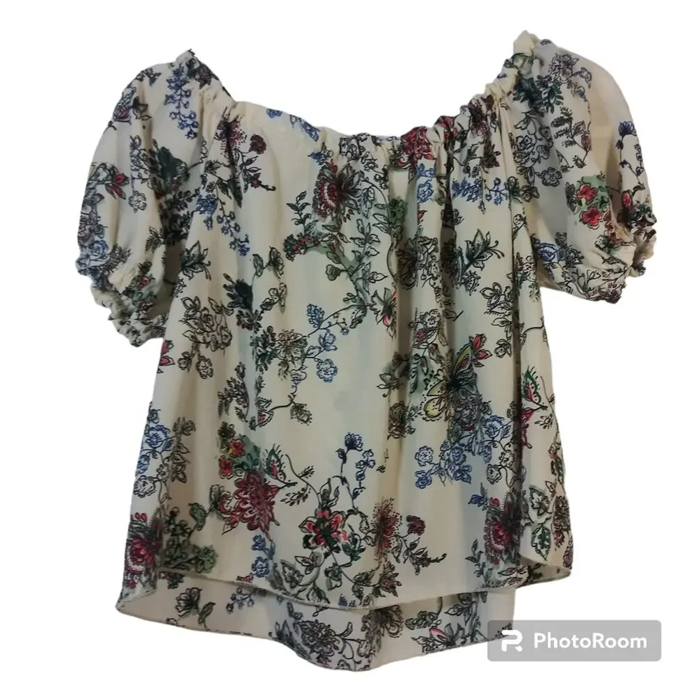 January 7 Cream Floral Short Sleeve Off Shoulder Top Size M - Picture 2 of 5